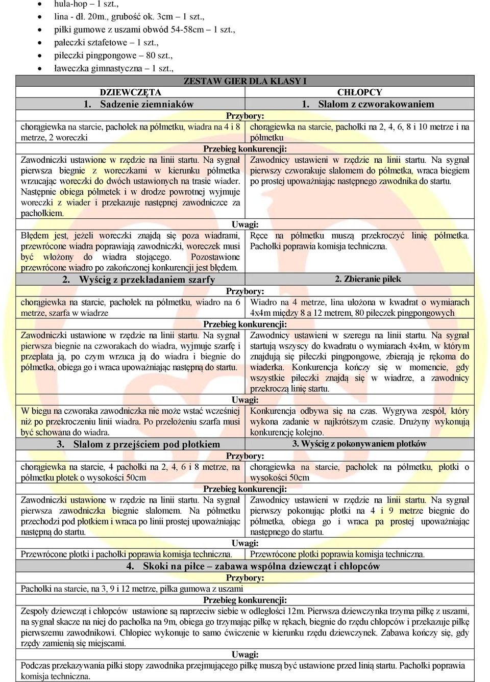 Slalom z czworakowaniem chorągiewka na starcie, pachołek na półmetku, wiadra na 4 i 8 chorągiewka na starcie, pachołki na 2, 4, 6, 8 i 10 metrze i na metrze, 2 woreczki półmetku pierwsza biegnie z
