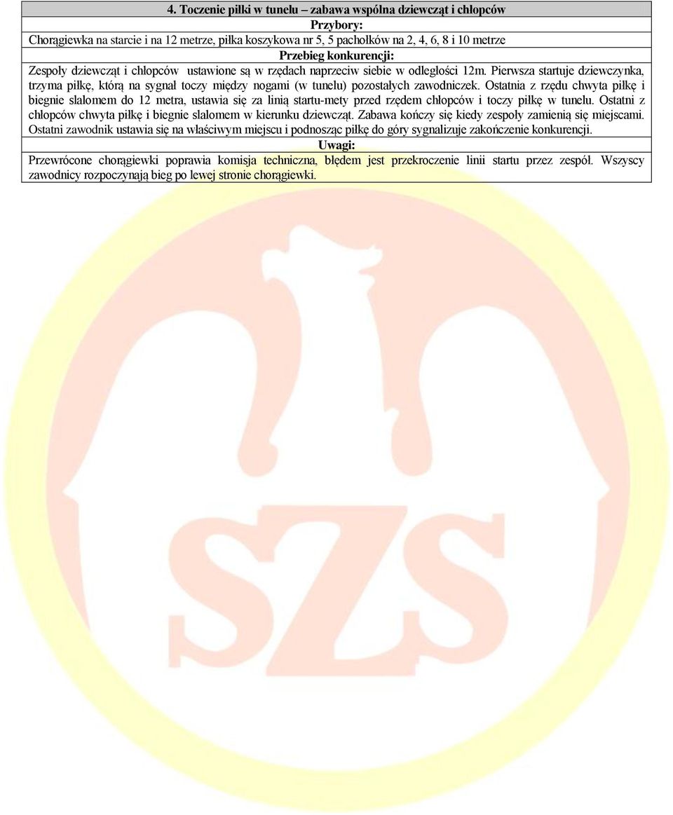 Ostatnia z rzędu chwyta piłkę i biegnie slalomem do 12 metra, ustawia się za linią startu-mety przed rzędem chłopców i toczy piłkę w tunelu.