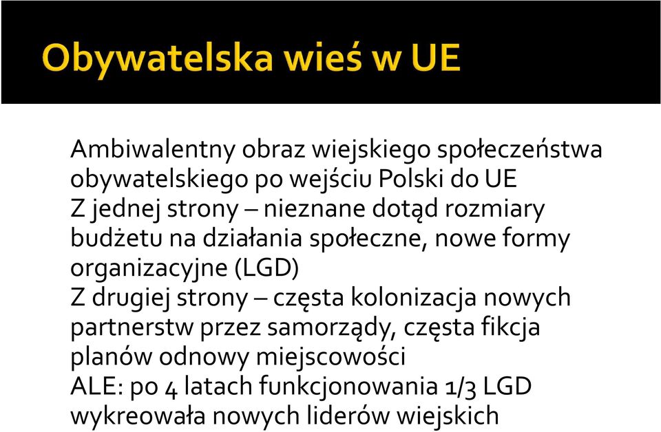 Z drugiej strony częsta kolonizacja nowych partnerstw przez samorządy, częsta fikcja planów