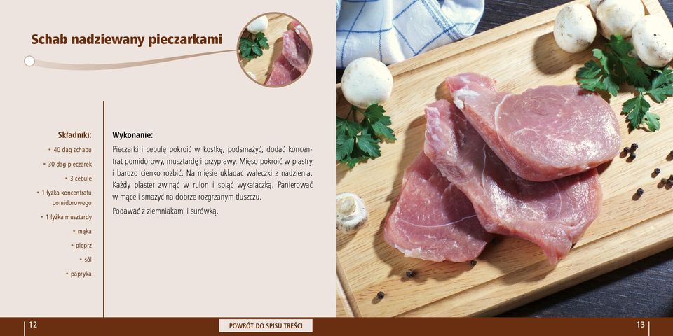 Mięso pokroić w plastry i bardzo cienko rozbić. Na mięsie układać wałeczki z nadzienia.