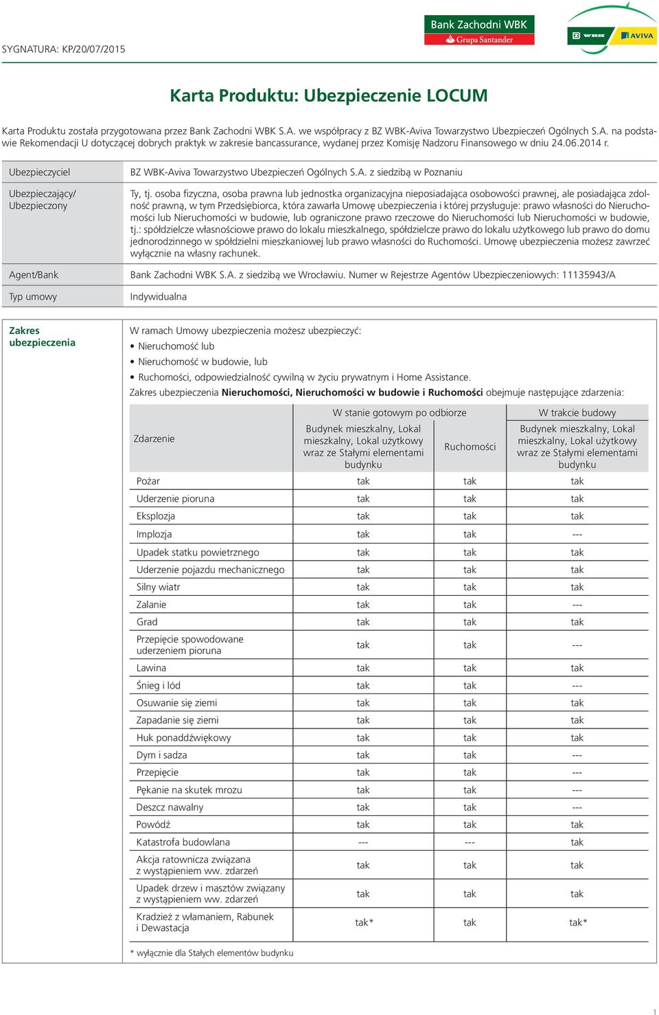 Ubezpieczyciel Ubezpieczający/ Ubezpieczony BZ WBK-Aviva Towarzystwo Ubezpieczeń Ogólnych S.A. z siedzibą w Poznaniu Ty, tj.