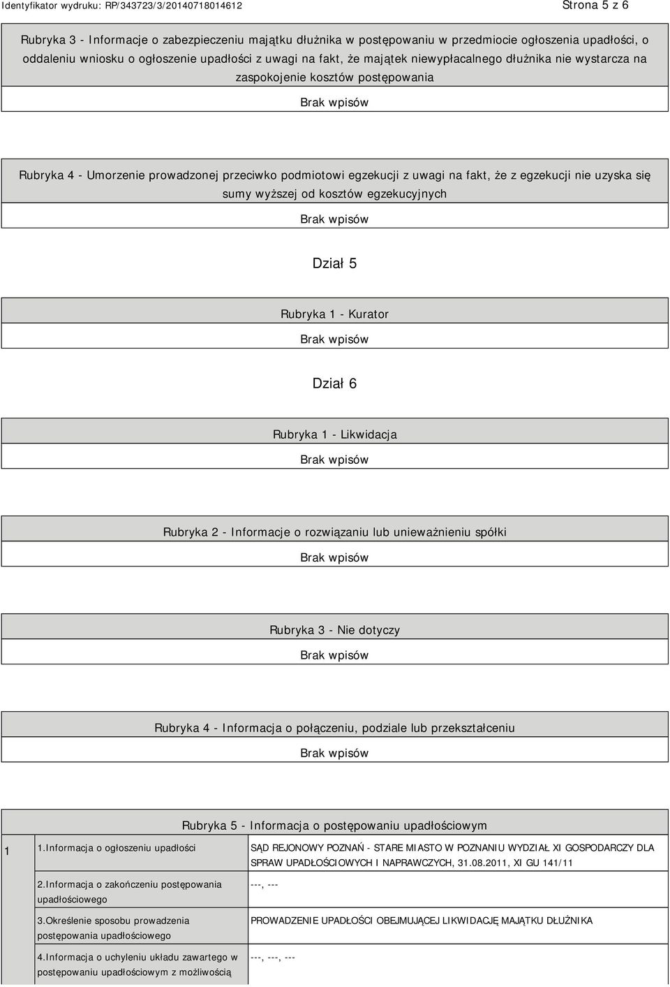 wyższej od kosztów egzekucyjnych Dział 5 Rubryka 1 - Kurator Dział 6 Rubryka 1 - Likwidacja Rubryka 2 - Informacje o rozwiązaniu lub unieważnieniu spółki Rubryka 3 - Nie dotyczy Rubryka 4 -