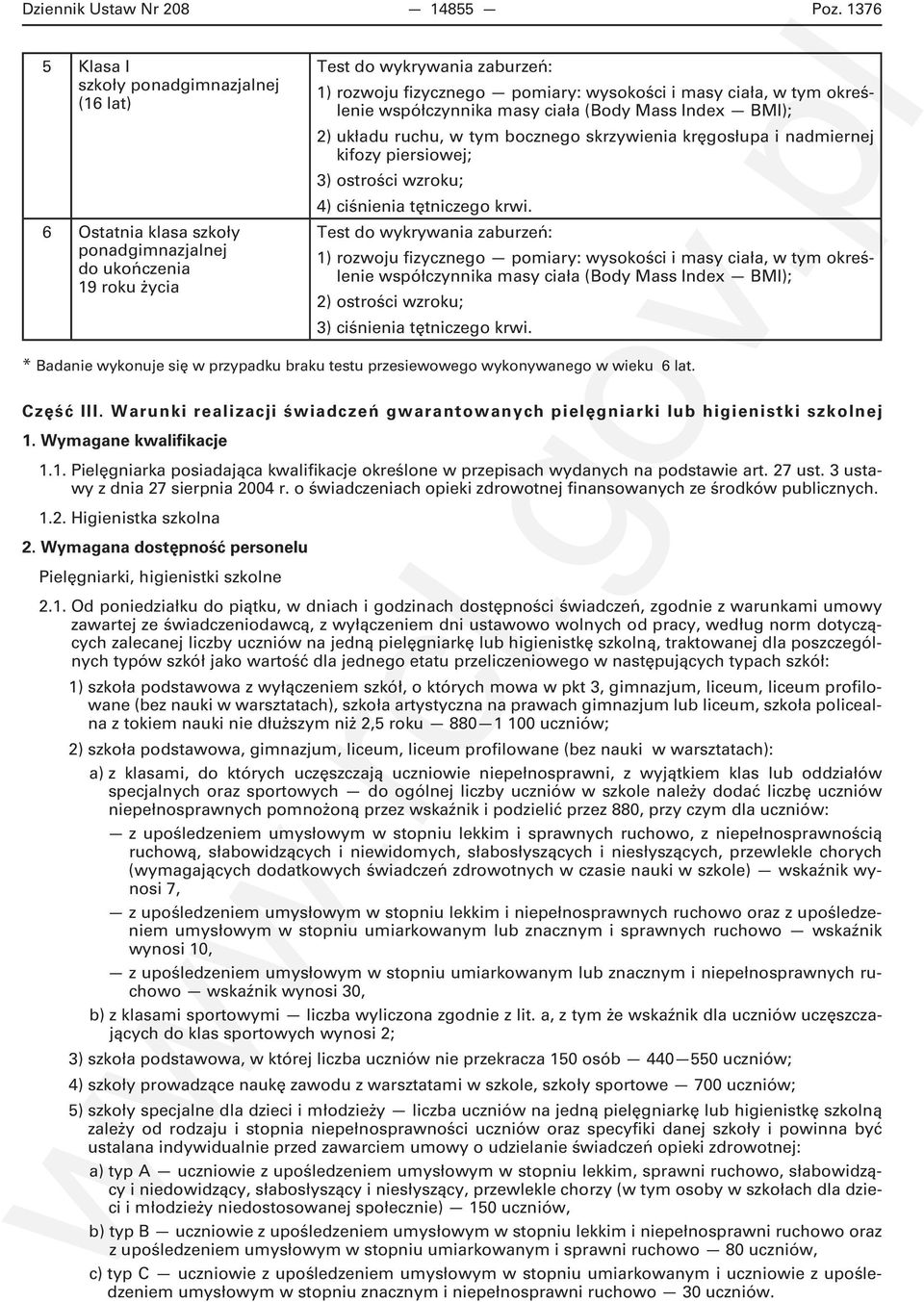 ciała, w tym określenie współczynnika masy ciała (Body Mass Index BMI); 2) układu ruchu, w tym bocznego skrzywienia kręgosłupa i nadmiernej kifozy piersiowej; 3) ostrości wzroku; 4) ciśnienia