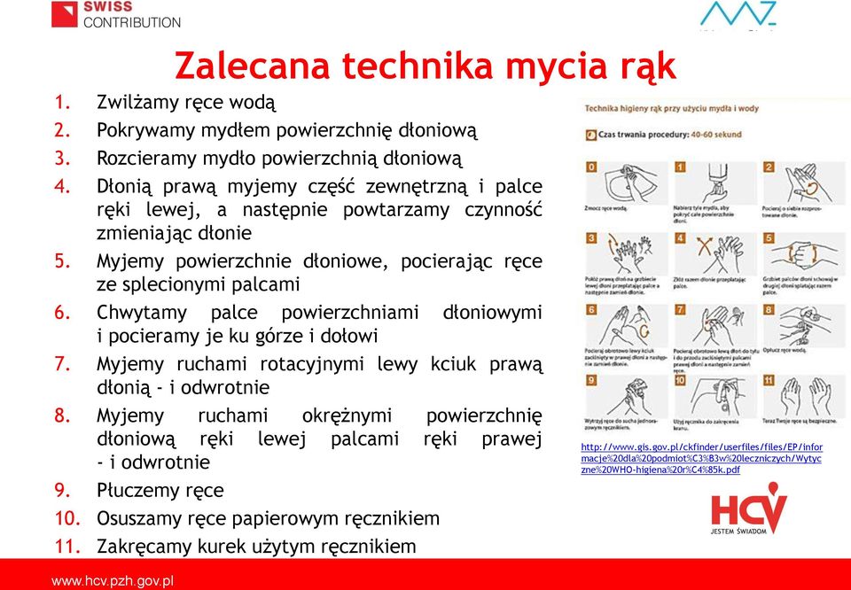 Chwytamy palce powierzchniami dłoniowymi i pocieramy je ku górze i dołowi 7. Myjemy ruchami rotacyjnymi lewy kciuk prawą dłonią - i odwrotnie 8.