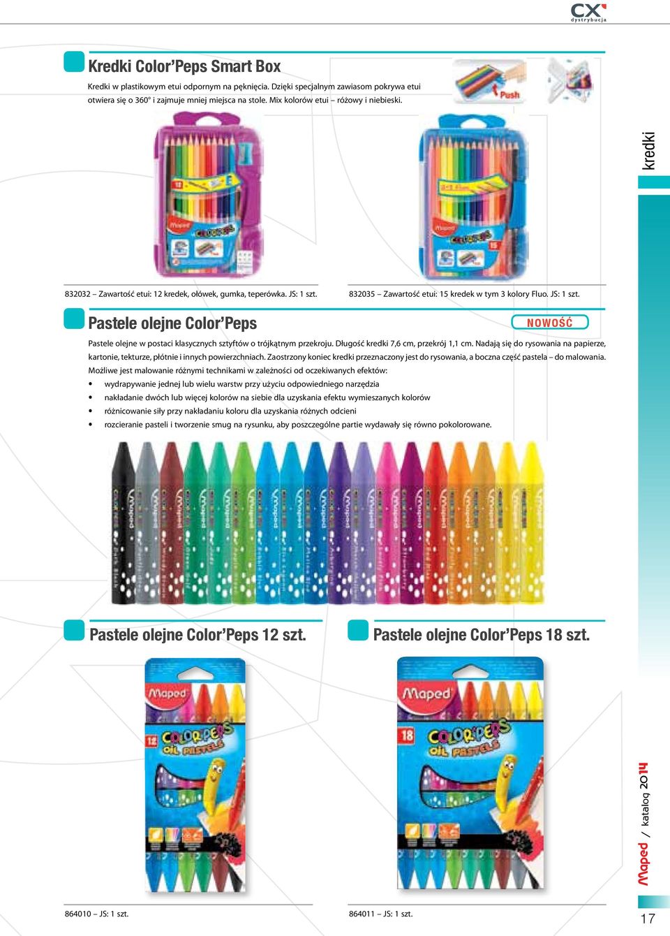 832035 Zawartość etui: 15 kredek w tym 3 kolory Fluo. JS: 1 szt. Pastele olejne Color Peps NOWOŚĆ Pastele olejne w postaci klasycznych sztyftów o trójkątnym przekroju.