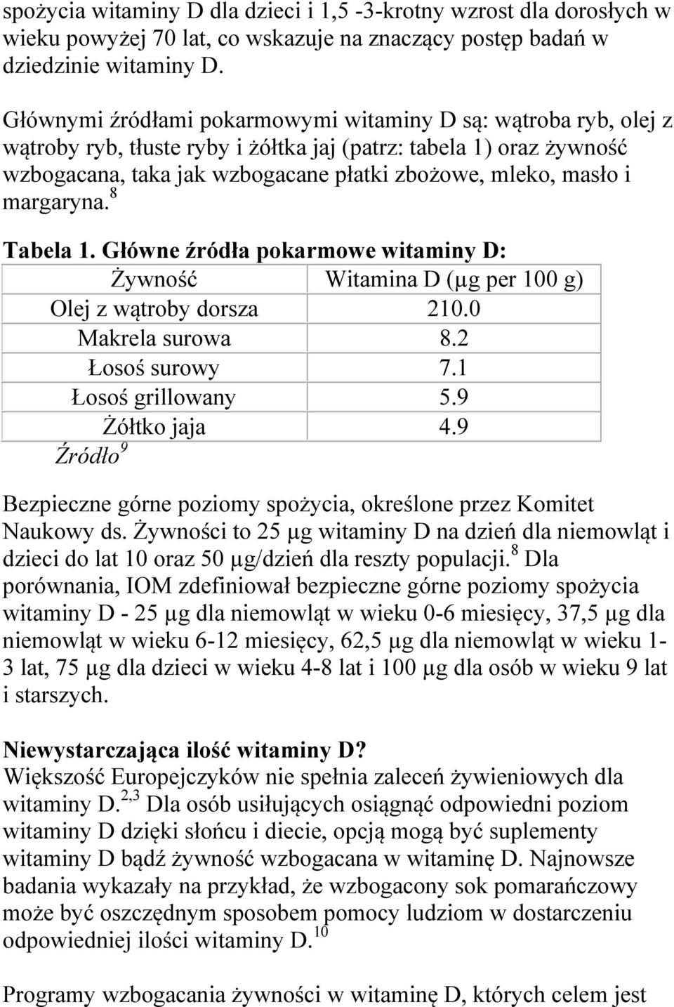 margaryna. 8 Tabela 1. Główne źródła pokarmowe witaminy D: Żywność Witamina D (µg per 100 g) Olej z wątroby dorsza 210.0 Makrela surowa 8.2 Łosoś surowy 7.1 Łosoś grillowany 5.9 Żółtko jaja 4.