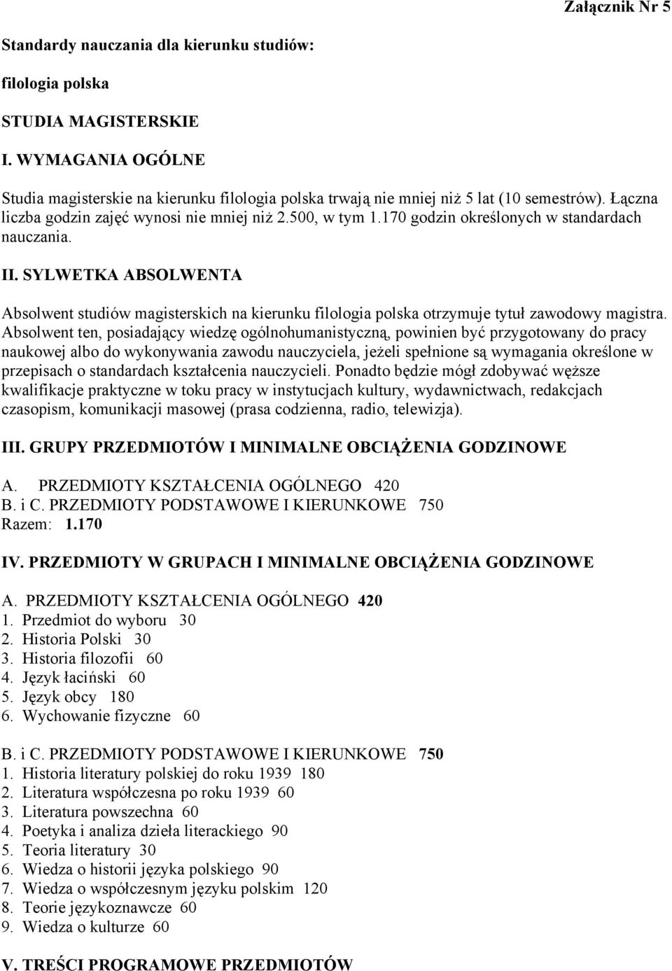 170 godzin określonych w standardach nauczania. II. SYLWETKA ABSOLWENTA Absolwent studiów magisterskich na kierunku filologia polska otrzymuje tytuł zawodowy magistra.