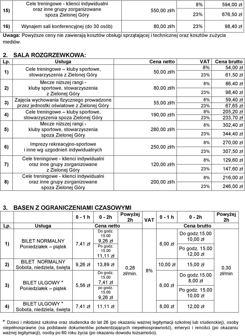 SALA ROZGRZEWKOWA: Cele treningowe kluby sportowe, 54,00 zł 50,00 zł/h stowarzyszenia z Zielonej Góry 61,50 zł 5) 7) 8) Mecze niższej rangi - kluby sportowe, stowarzyszenia z Zielonej Góry Zajęcia