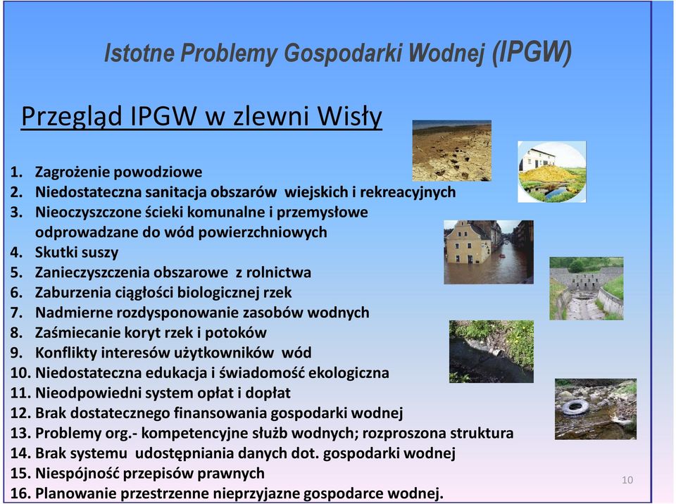 Nadmierne rozdysponowanie zasobów wodnych 8. Zaśmiecanie koryt rzek i potoków 9. Konflikty interesów użytkowników wód 10. Niedostateczna edukacja i świadomość ekologiczna 11.