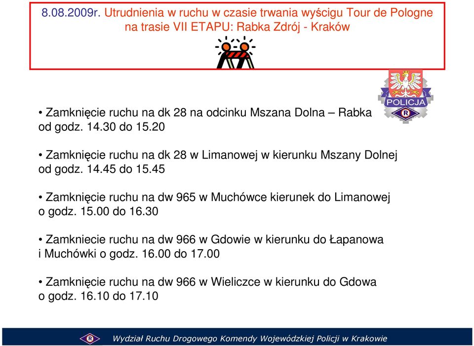 odcinku Mszana Dolna Rabka od godz. 14.30 do 15.20 Zamknięcie ruchu na dk 28 w Limanowej w kierunku Mszany Dolnej od godz. 14.45 do 15.
