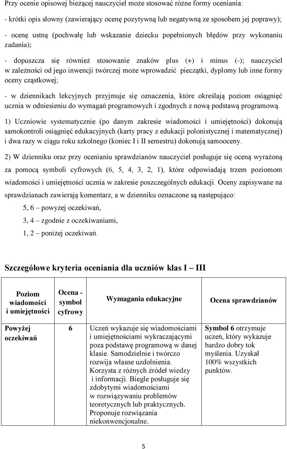 pieczątki, dyplomy lub inne formy oceny cząstkowej; - w dziennikach lekcyjnych przyjmuje się oznaczenia, które określają poziom osiągnięć ucznia w odniesieniu do wymagań programowych i zgodnych z
