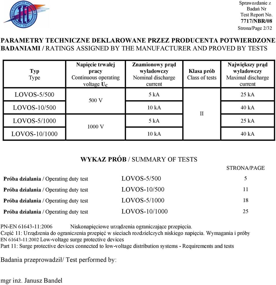 ka 40 ka II LOVOS-5/1000 5 ka 25 ka 1000 V LOVOS-10/1000 10 ka 40 ka WYKAZ PRÓB / SUMMARY OF TESTS STRONA/PAGE Próba działania / Operating duty test LOVOS-5/500 5 Próba działania / Operating duty