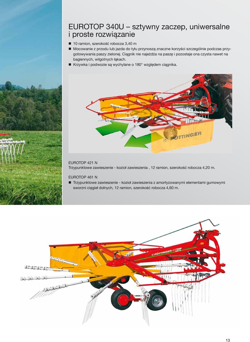 Krzywka i podwozie są wychylane o 180 względem ciągnika. EUROTOP 421 N Trzypunktowe zawieszenie - kozioł zawieszenia, 12 ramion, szerokość robocza 4,20 m.