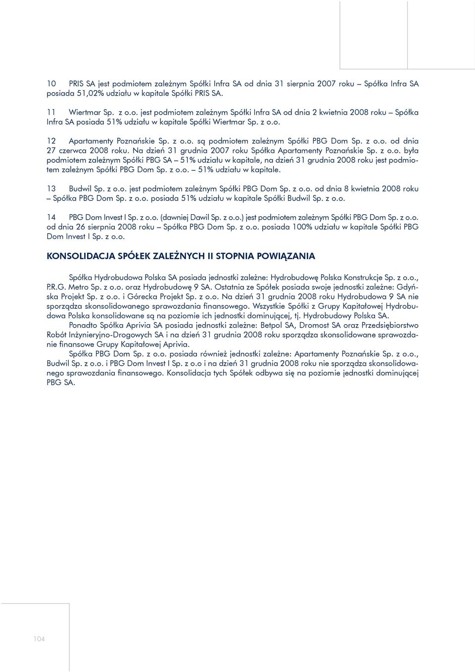 z o.o. 51% udziału w kapitale. 13 Budwil Sp. z o.o. jest podmiotem zależnym Spółki PBG Dom Sp. z o.o. od dnia 8 kwietnia 2008 roku Spółka PBG Dom Sp. z o.o. posiada 51% udziału w kapitale Spółki Budwil Sp.