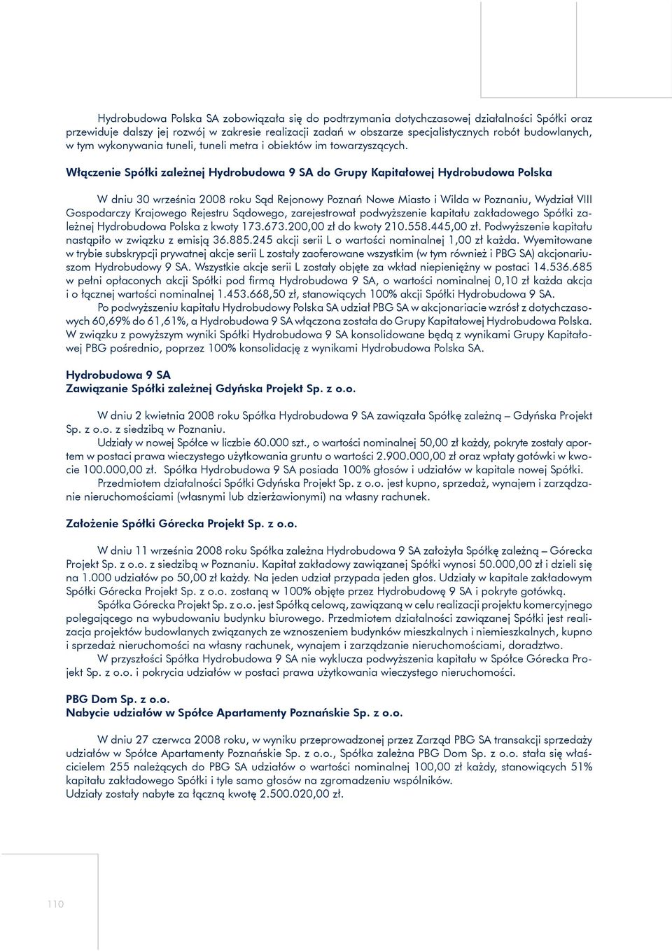 Włączenie Spółki zależnej Hydrobudowa 9 SA do Grupy Kapitałowej Hydrobudowa Polska W dniu 30 września 2008 roku Sąd Rejonowy Poznań Nowe Miasto i Wilda w Poznaniu, Wydział VIII Gospodarczy Krajowego