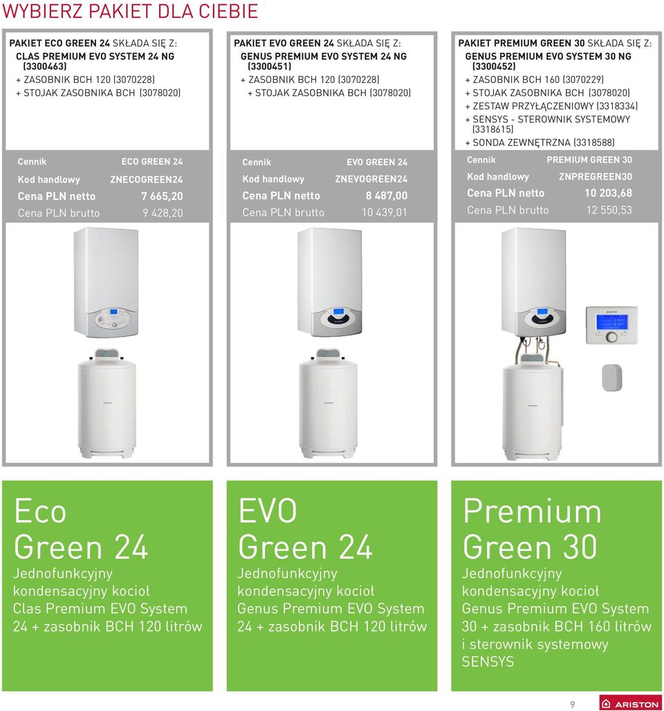 Cennik EVO GREEN 24 Kod handlowy ZNEVOGREEN24 Cena PLN netto 8 487,00 Cena PLN brutto 10 439,01 PAKIET PREMIUM GREEN 30 SKŁADA SIĘ Z: GENUS PREMIUM EVO SYSTEM 30 NG (3300452) + ZASOBNIK BCH 160