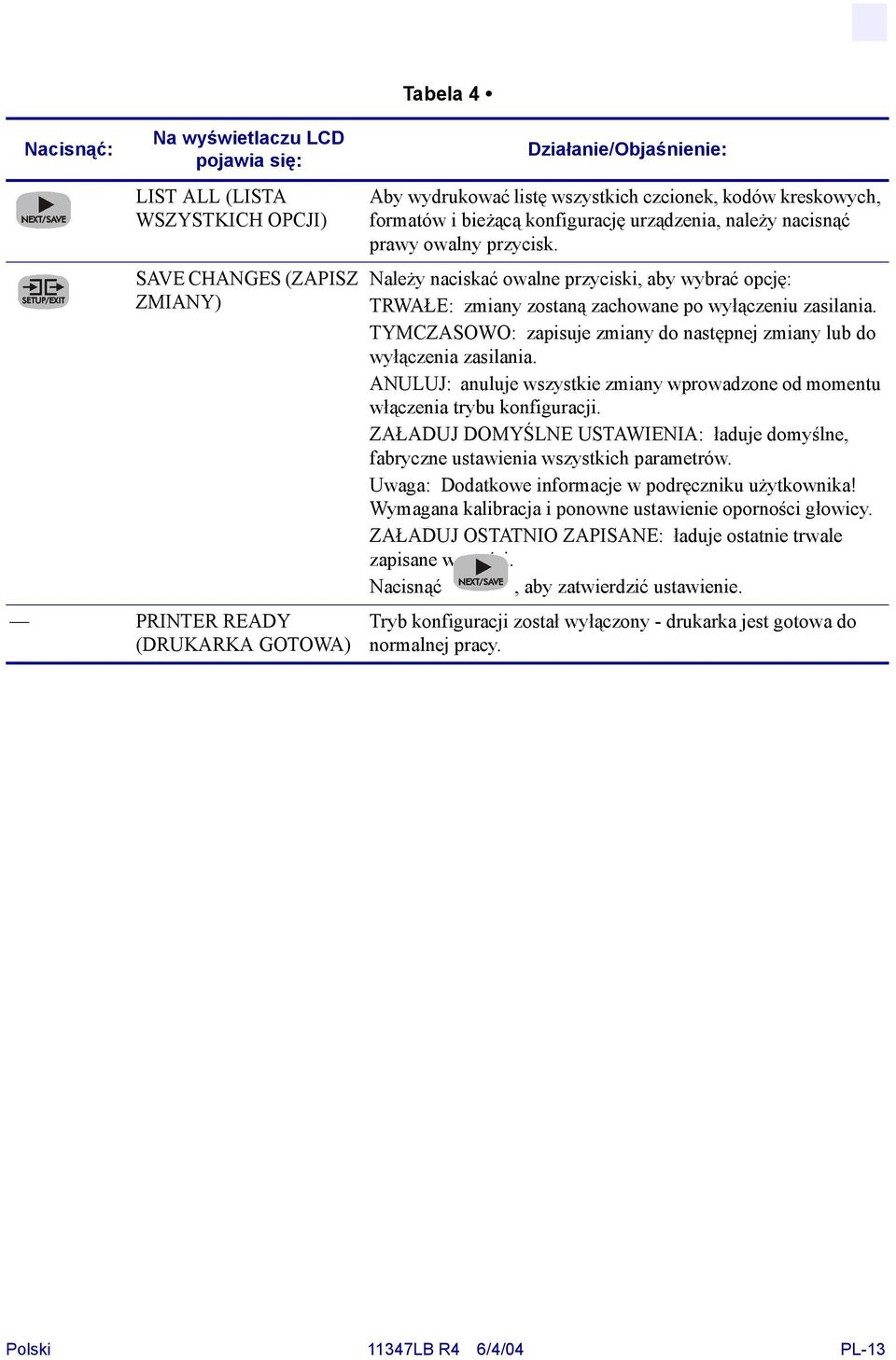 Należy naciskać owalne przyciski, aby wybrać opcję: TRWAŁE: zmiany zostaną zachowane po wyłączeniu zasilania. TYMCZASOWO: zapisuje zmiany do następnej zmiany lub do wyłączenia zasilania.