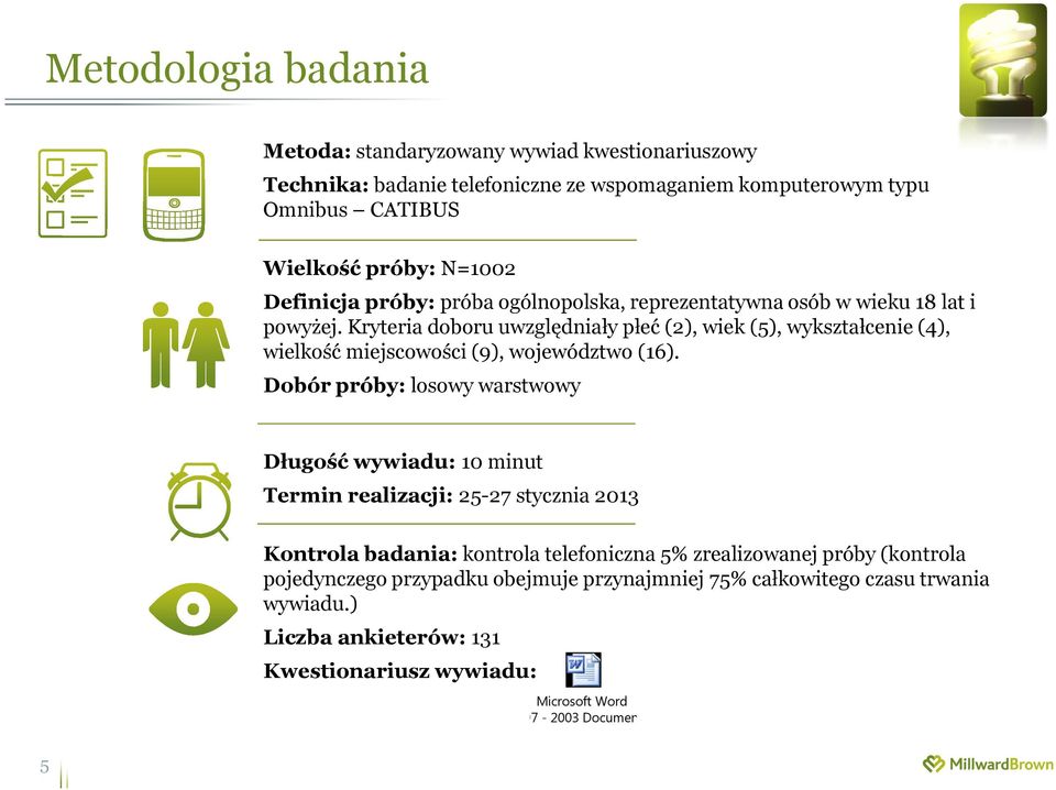 Kryteria doboru uwzględniały płeć (2), wiek (5), wykształcenie (4), wielkość miejscowości (9), województwo (16).