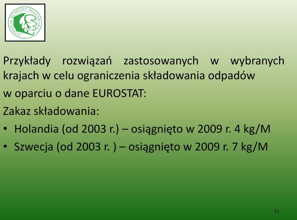 Zakaz składowania: Holandia (od 2003 r.) osiągnięto w 2009 r.