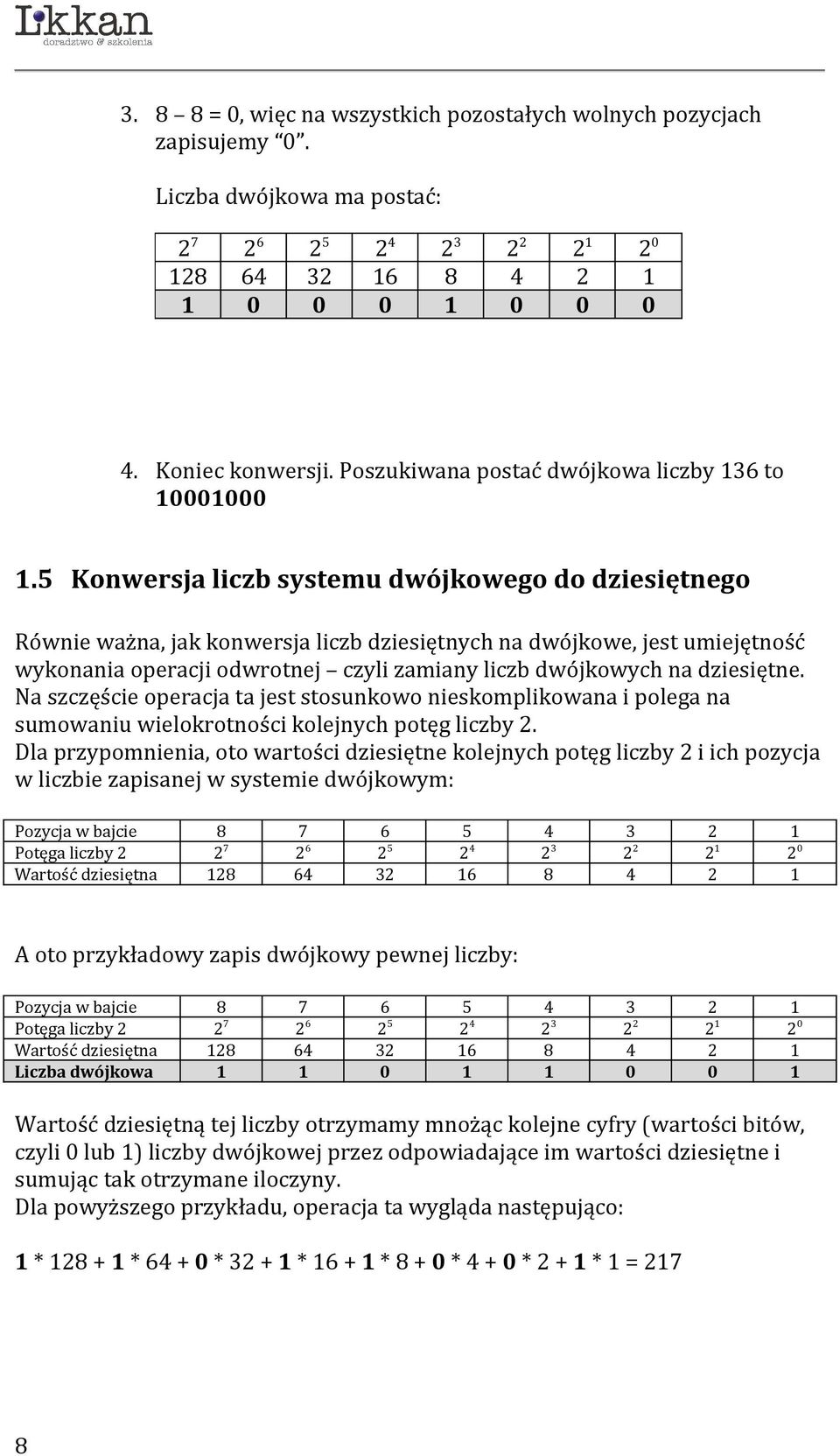 5 Konwersja liczb systemu dwójkowego do dziesiętnego Równie ważna, jak konwersja liczb dziesiętnych na dwójkowe, jest umiejętność wykonania operacji odwrotnej czyli zamiany liczb dwójkowych na