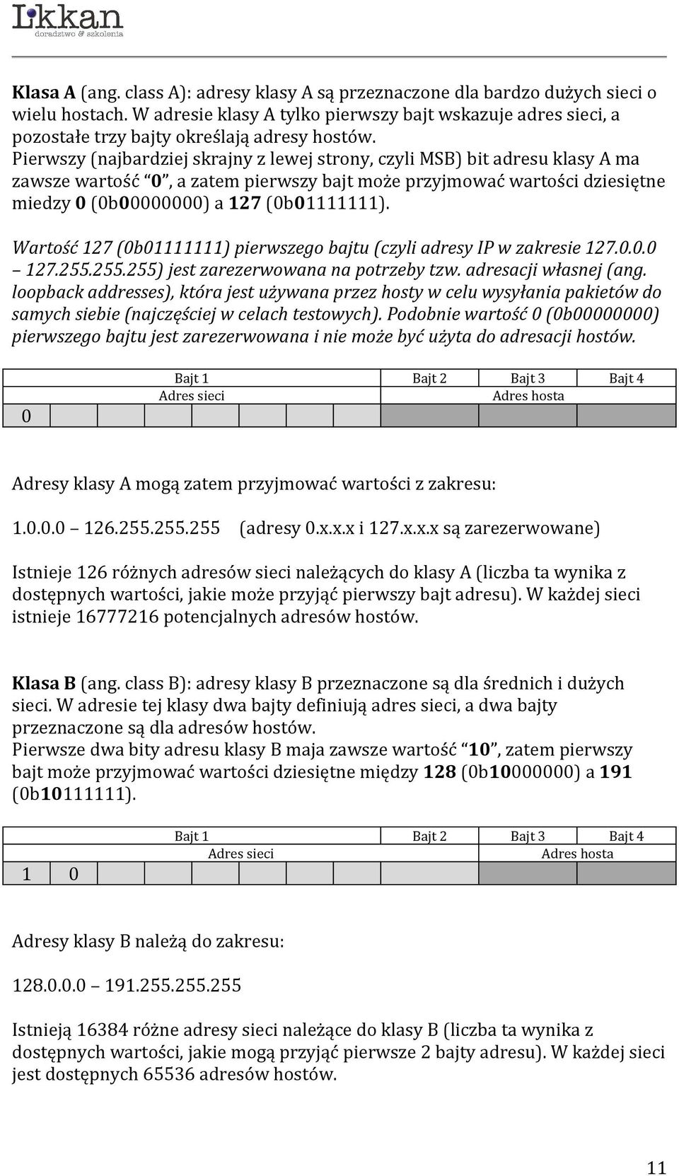 Pierwszy (najbardziej skrajny z lewej strony, czyli MSB) bit adresu klasy A ma zawsze wartość 0, a zatem pierwszy bajt może przyjmować wartości dziesiętne miedzy 0 (0b00000000) a 127 (0b01111111).