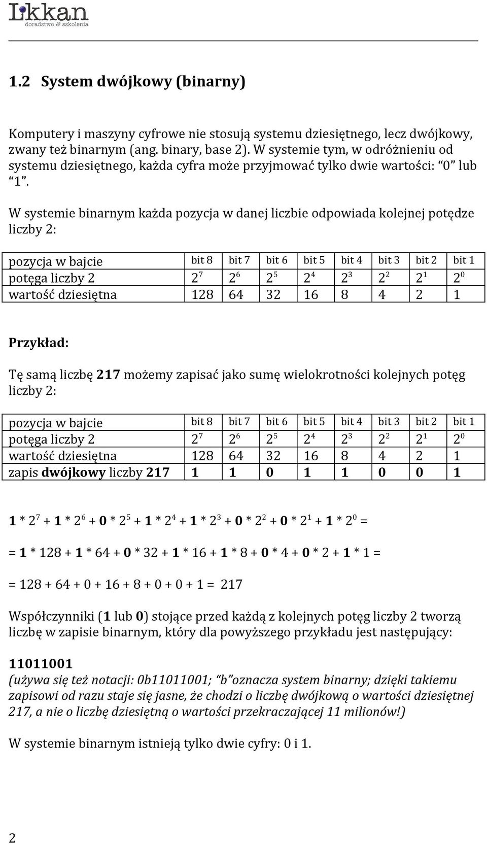 W systemie binarnym każda pozycja w danej liczbie odpowiada kolejnej potędze liczby 2: pozycja w bajcie bit 8 bit 7 bit 6 bit 5 bit 4 bit 3 bit 2 bit 1 potęga liczby 2 2 7 2 6 2 5 2 4 2 3 2 2 2 1 2 0