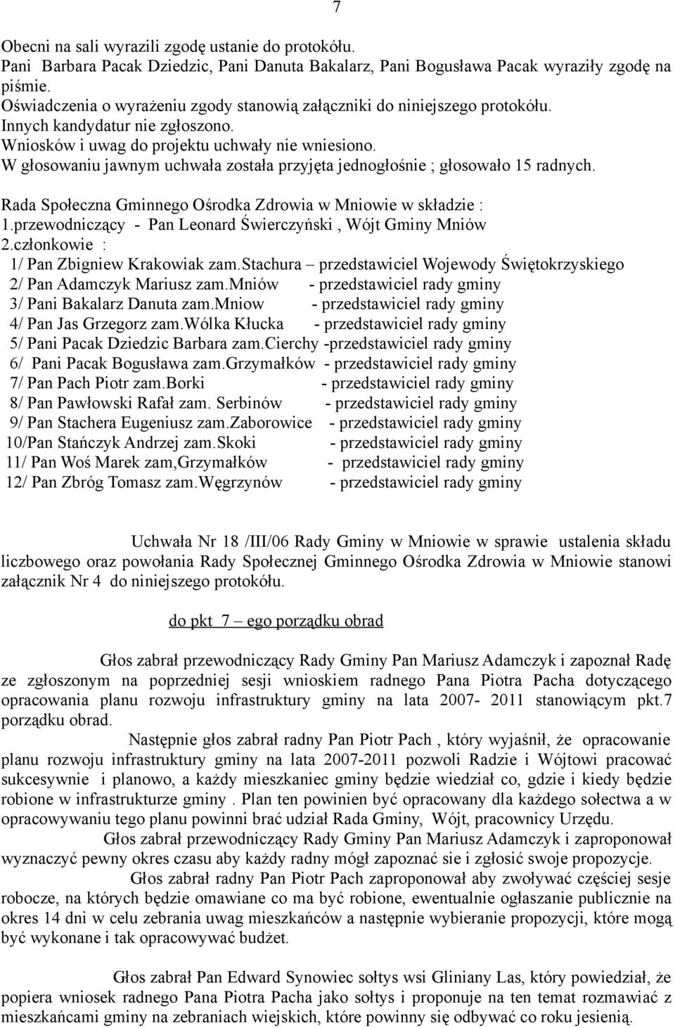 W głosowaniu jawnym uchwała została przyjęta jednogłośnie ; głosowało 15 radnych. Rada Społeczna Gminnego Ośrodka Zdrowia w Mniowie w składzie : 1.