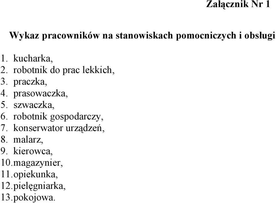 szwaczka, 6. robotnik gospodarczy, 7. konserwator urządzeń, 8.