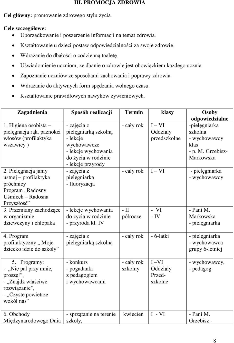 Zapoznanie uczniów ze sposobami zachowania i poprawy zdrowia. Wdrażanie do aktywnych form spędzania wolnego czasu. Kształtowanie prawidłowych nawyków żywieniowych.
