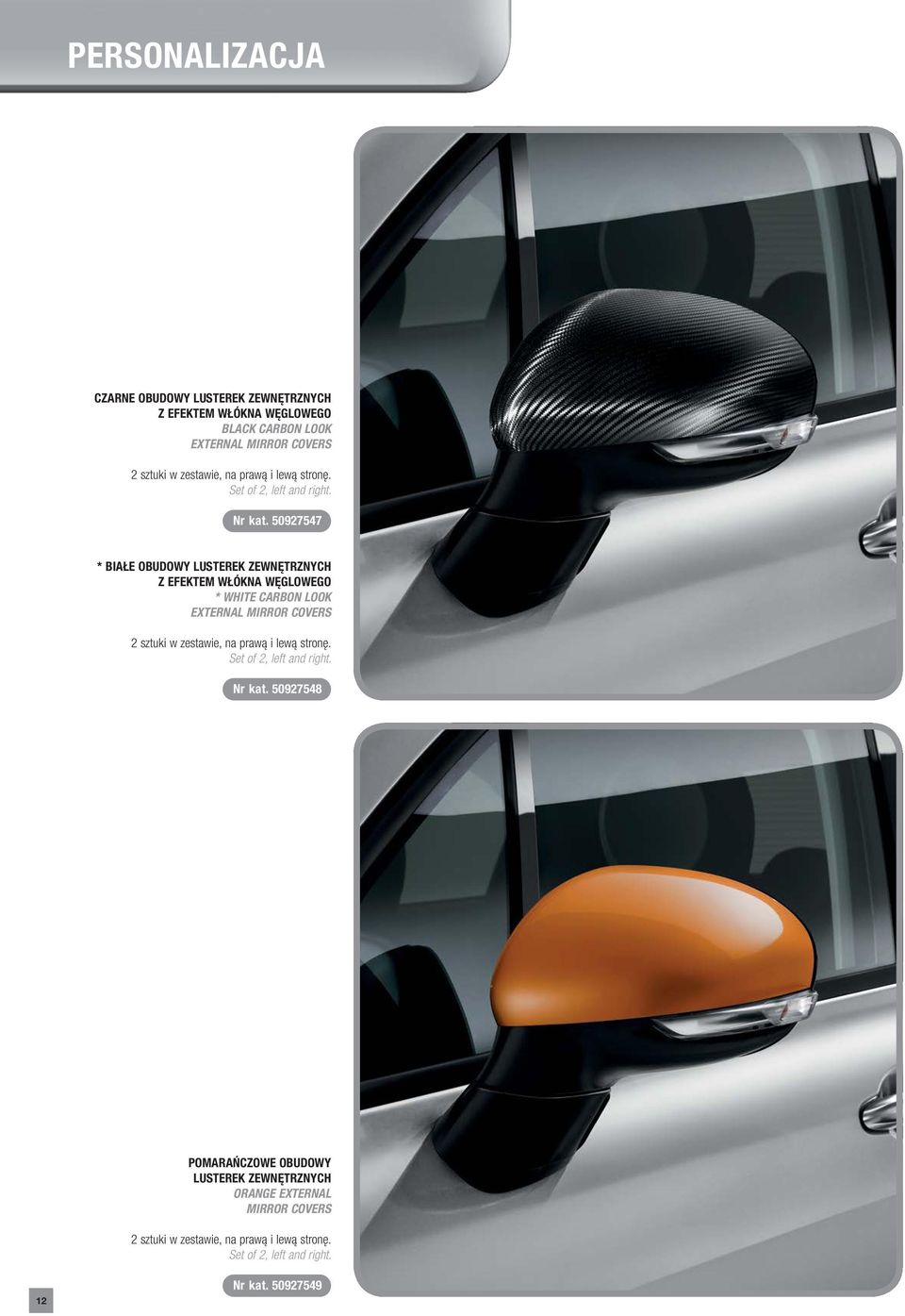 50927547 * BIAŁE OBUDOWY LUSTEREK ZEWNĘTRZNYCH Z EFEKTEM WŁÓKNA WĘGLOWEGO * WHITE CARBON LOOK EXTERNAL MIRROR COVERS 2 sztuki w zestawie, 