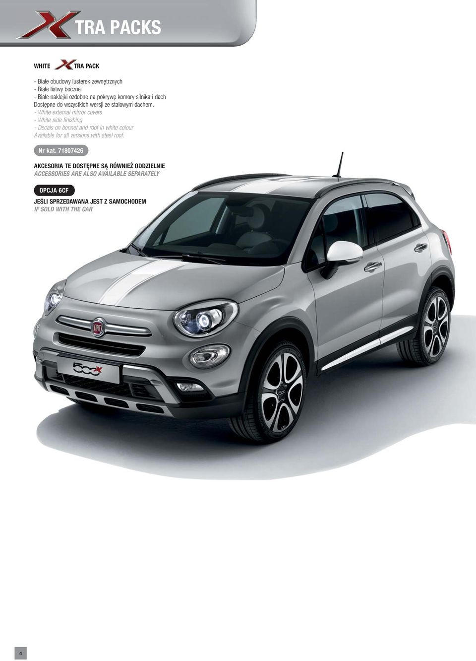 - White external mirror covers - White side finishing - Decals on bonnet and roof in white colour Available for all versions