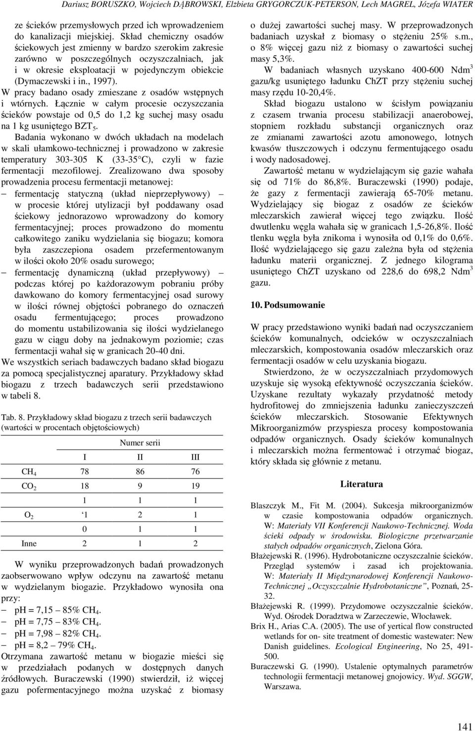 W pracy badano osady zmieszane z osadów wstępnych i wtórnych. Łącznie w całym procesie oczyszczania ścieków powstaje od 0,5 do 1,2 kg suchej masy osadu na 1 kg usuniętego BZT 5.