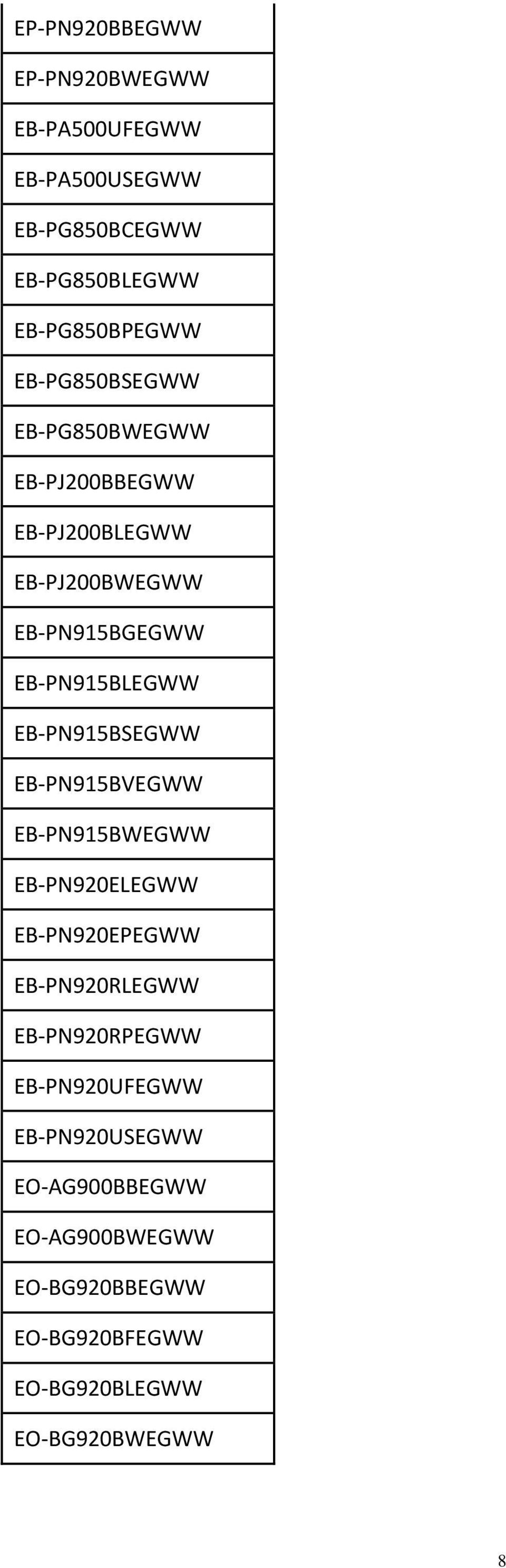 EB-PN915BSEGWW EB-PN915BVEGWW EB-PN915BWEGWW EB-PN920ELEGWW EB-PN920EPEGWW EB-PN920RLEGWW EB-PN920RPEGWW