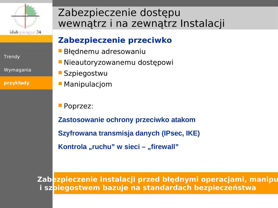 Zastosowanie ochrony przeciwko atakom Szyfrowana transmisja danych (IPsec, IKE) Kontrola ruchu w sieci