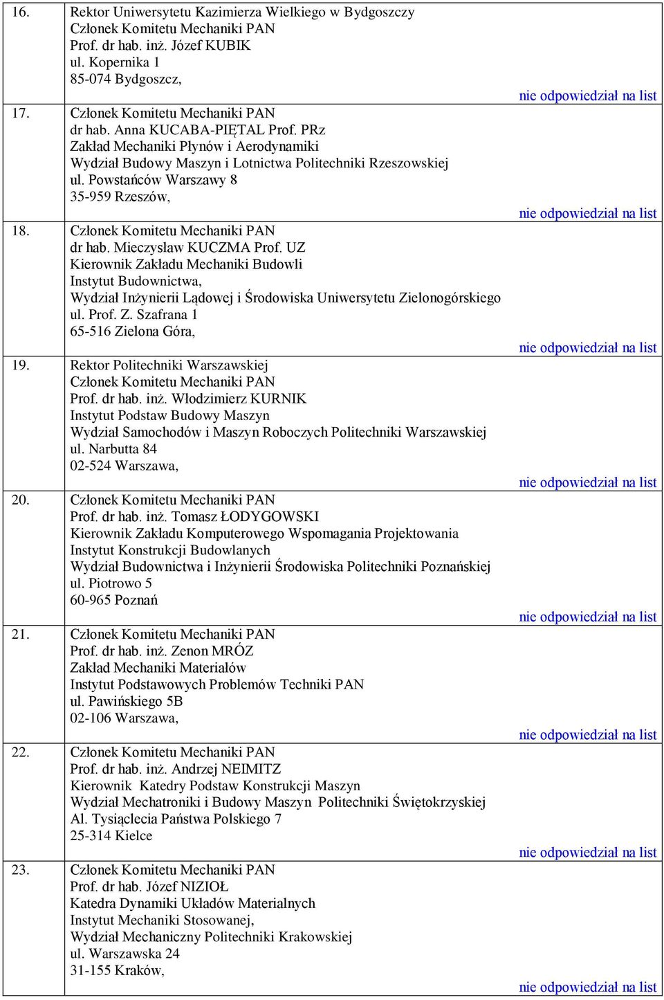 UZ Kierownik Zakładu Mechaniki Budowli Instytut Budownictwa, Wydział Inżynierii Lądowej i Środowiska Uniwersytetu Zielonogórskiego ul. Prof. Z. Szafrana 1 65-516 Zielona Góra, 19.