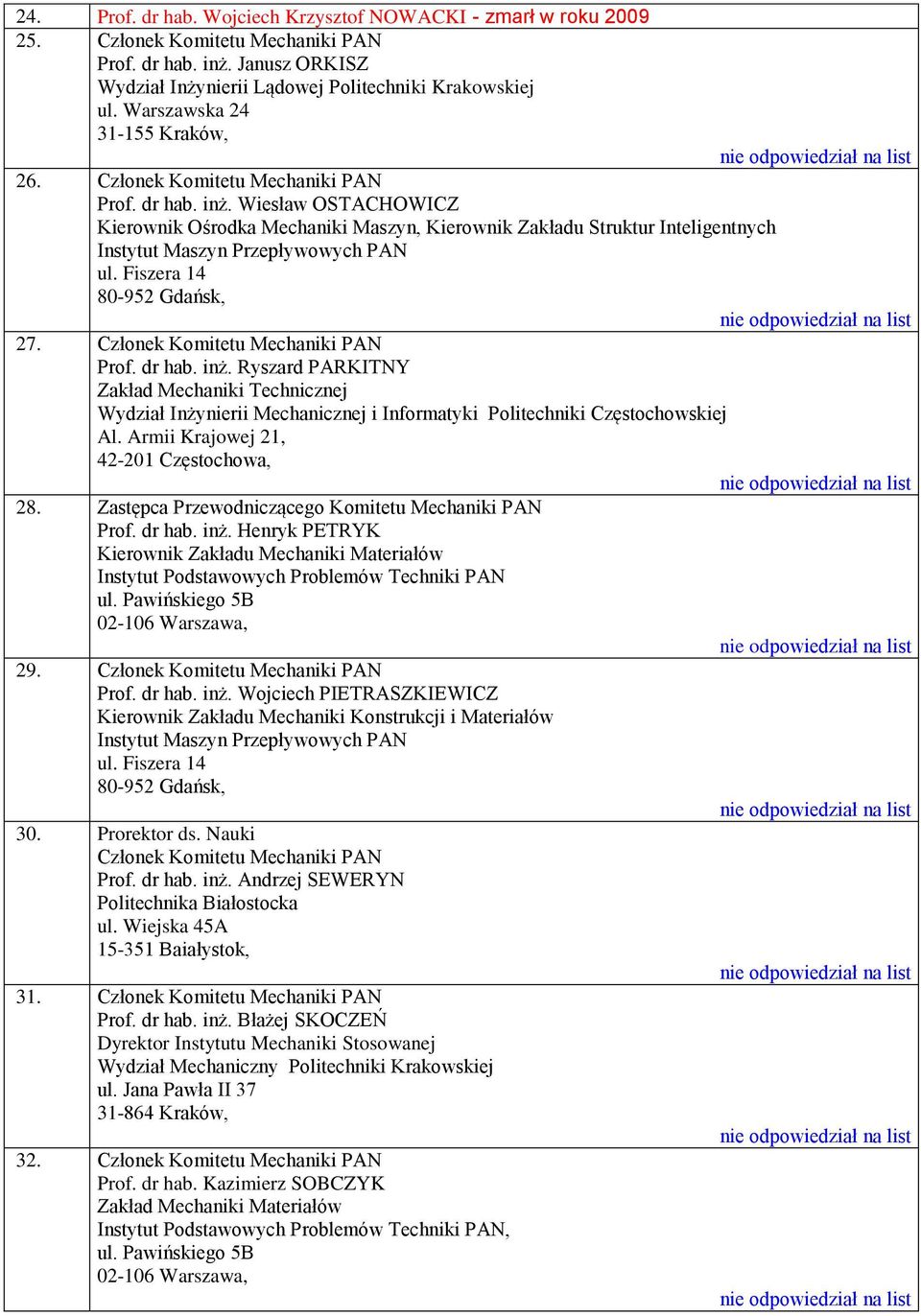 Wiesław OSTACHOWICZ Kierownik Ośrodka Mechaniki Maszyn, Kierownik Zakładu Struktur Inteligentnych Instytut Maszyn Przepływowych PAN 27. Prof. dr hab. inż.