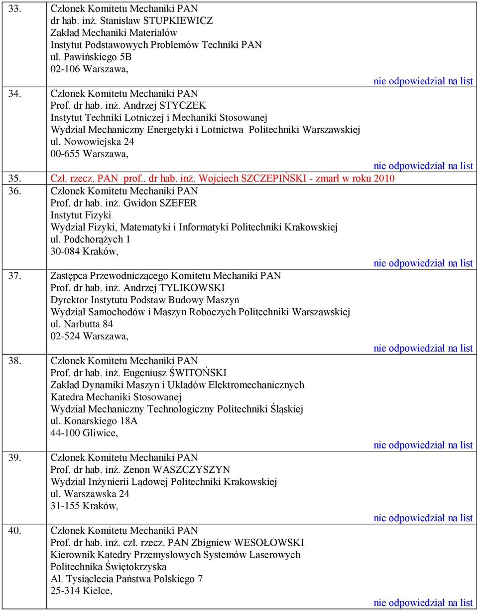 Podchorążych 1 30-084 Kraków, 37. Zastępca Przewodniczącego Komitetu Mechaniki PAN Prof. dr hab. inż.