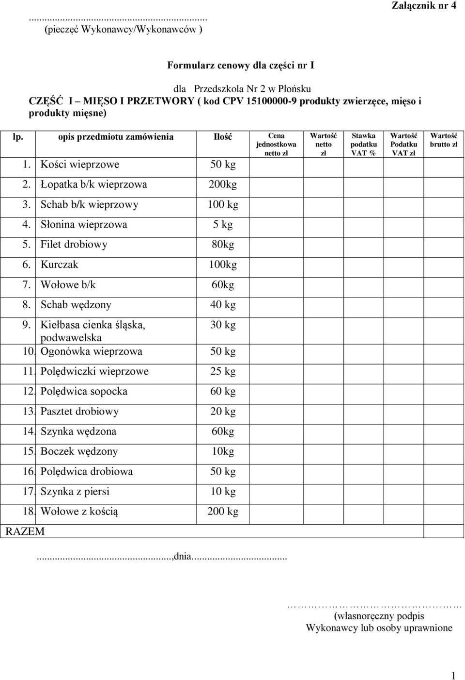 Wołowe b/k 60kg 8. Schab wędzony 40 kg 9. Kiełbasa cienka śląska, 30 kg podwawelska 10. Ogonówka wieprzowa 50 kg 11. Polędwiczki wieprzowe 25 kg 12. Polędwica sopocka 60 kg 13.
