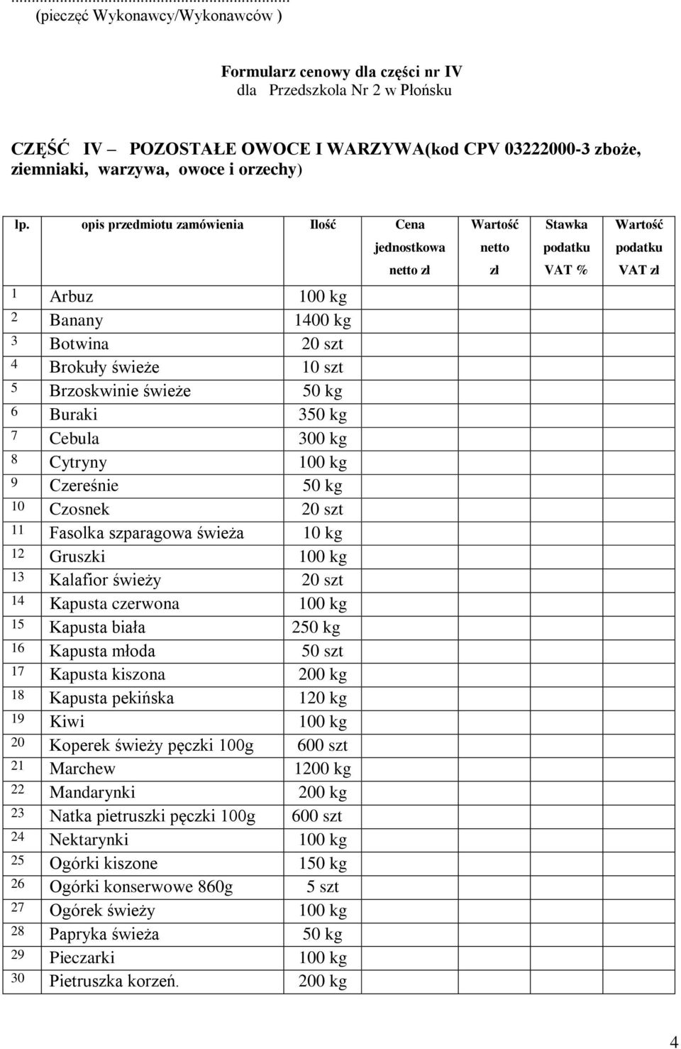 Czereśnie 50 kg 10 Czosnek 20 szt 11 Fasolka szparagowa świeża 10 kg 12 Gruszki 100 kg 13 Kalafior świeży 20 szt 14 Kapusta czerwona 100 kg 15 Kapusta biała 250 kg 16 Kapusta młoda 50 szt 17 Kapusta
