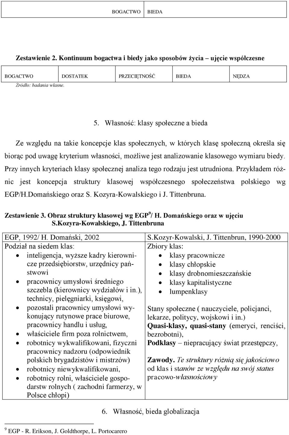 wymiaru biedy. Przy innych kryteriach klasy społecznej analiza tego rodzaju jest utrudniona. Przykładem różnic jest koncepcja struktury klasowej współczesnego społeczeństwa polskiego wg EGP/H.