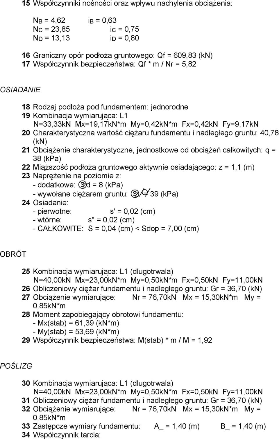 wartość ciężaru fundamentu i nadległego gruntu: 40,78 (kn) 21 Obciążenie charakterystyczne, jednostkowe od obciążeń całkowitych: q = 38 (kpa) 22 Miąższość podłoża gruntowego aktywnie osiadającego: z
