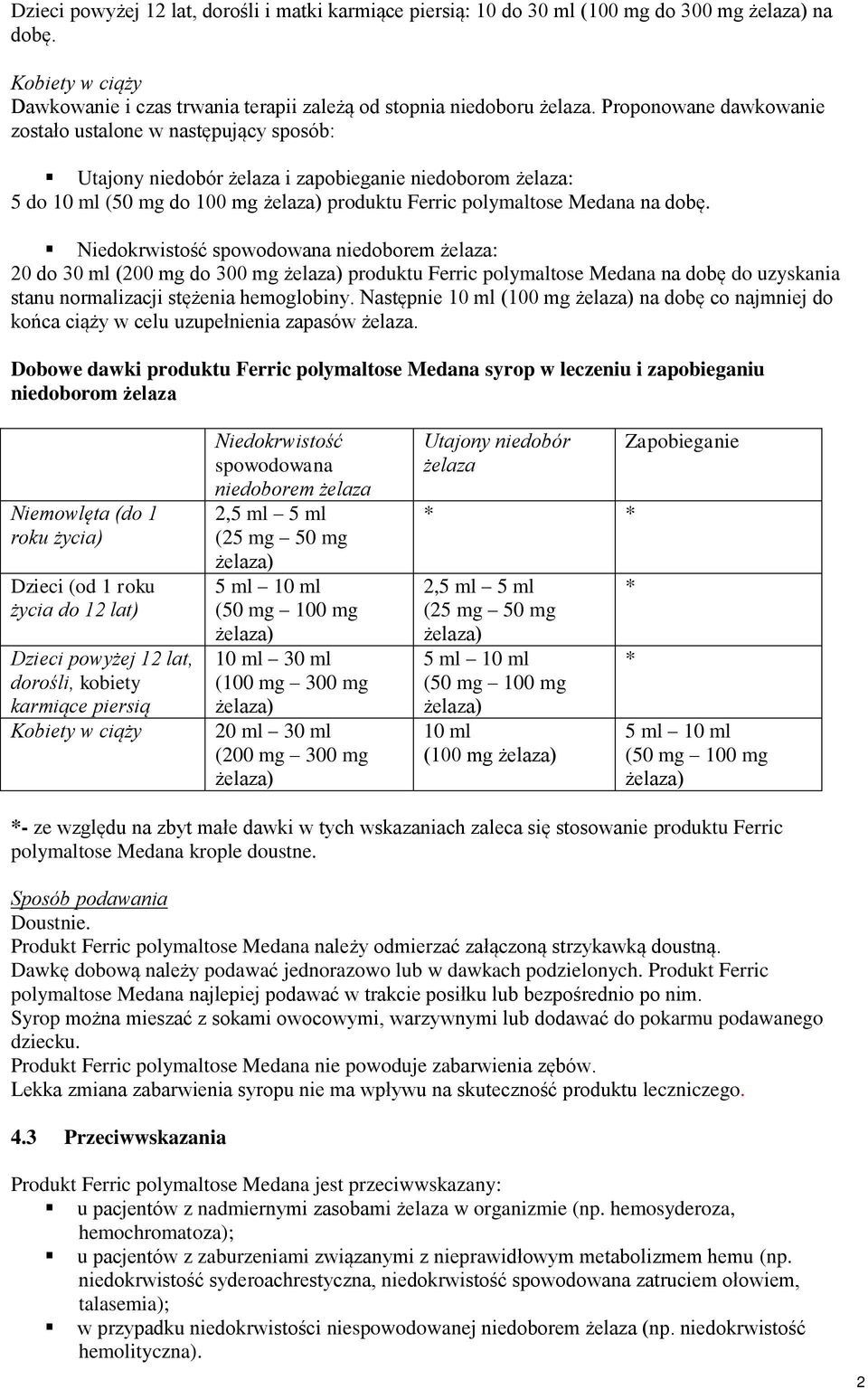 Niedokrwistość spowodowana niedoborem żelaza: 20 do 30 ml (200 mg do 300 mg produktu Ferric polymaltose Medana na dobę do uzyskania stanu normalizacji stężenia hemoglobiny.