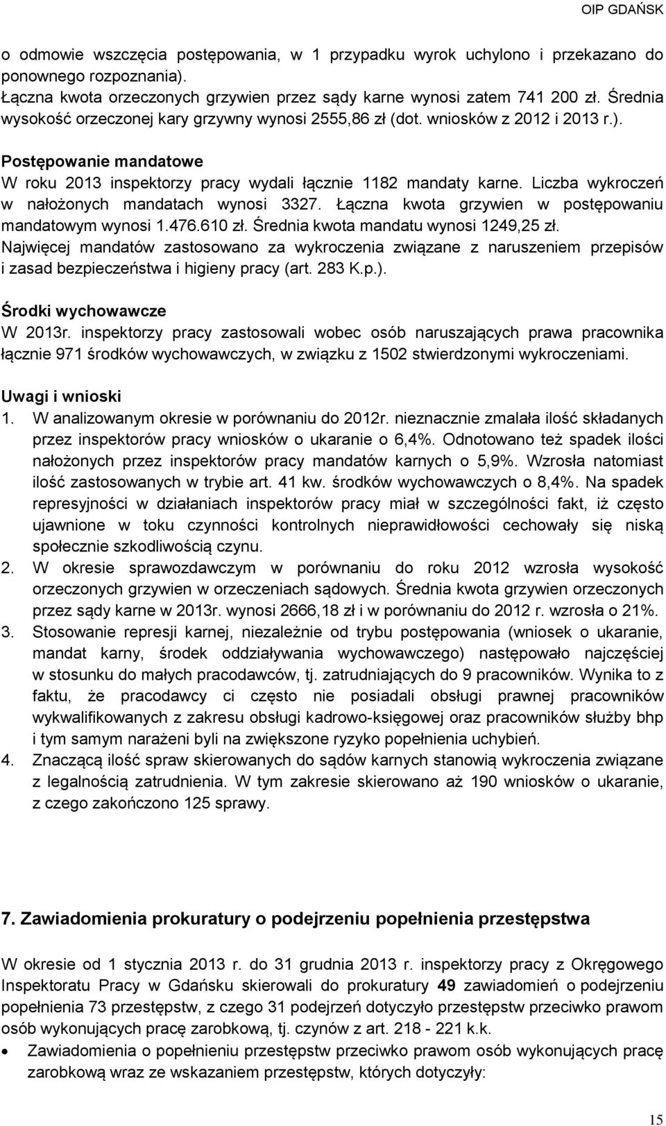 Liczba wykroczeń w nałożonych mandatach wynosi 3327. Łączna kwota grzywien w postępowaniu mandatowym wynosi 1.476.610 zł. Średnia kwota mandatu wynosi 1249,25 zł.