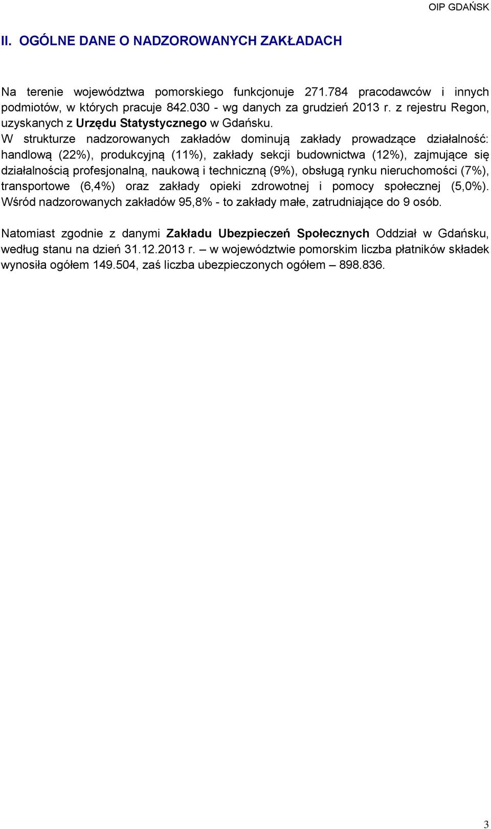 W strukturze nadzorowanych zakładów dominują zakłady prowadzące działalność: handlową (22%), produkcyjną (11%), zakłady sekcji budownictwa (12%), zajmujące się działalnością profesjonalną, naukową i