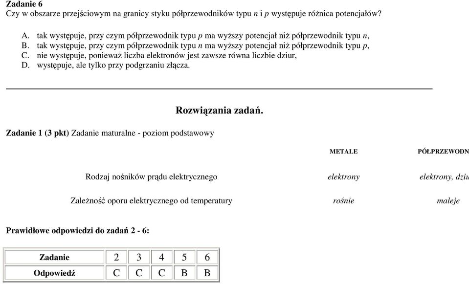 tak występuje, przy czym półprzewodnik typu n ma wyŝszy potencjał niŝ półprzewodnik typu p, C. nie występuje, poniewaŝ liczba elektronów jest zawsze równa liczbie dziur, D.