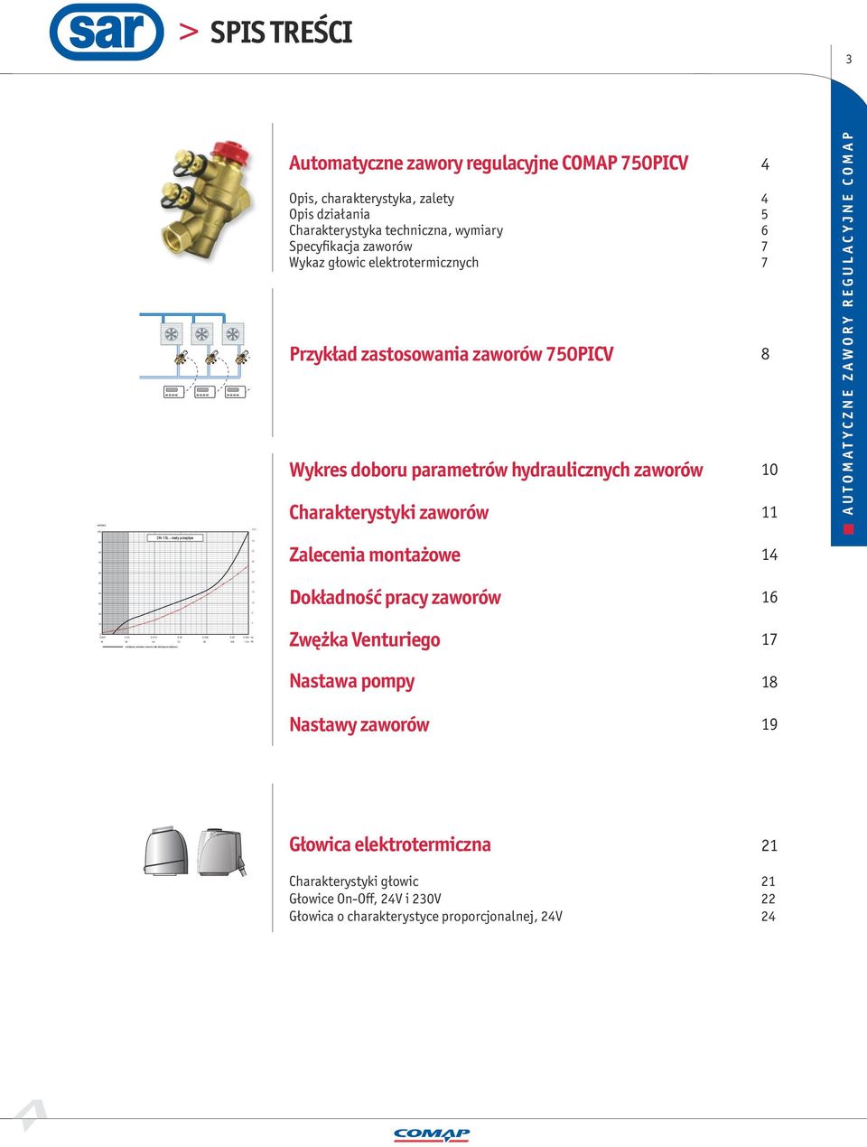 regulacyjne COMAP 750PICV 4 Opis, charakterystyka, zalety 4 Opis działania 5 Charakterystyka techniczna, wymiary 6 Specyfikacja zaworów 7 Wykaz głowic elektrotermicznych 7 Przykład zastosowania