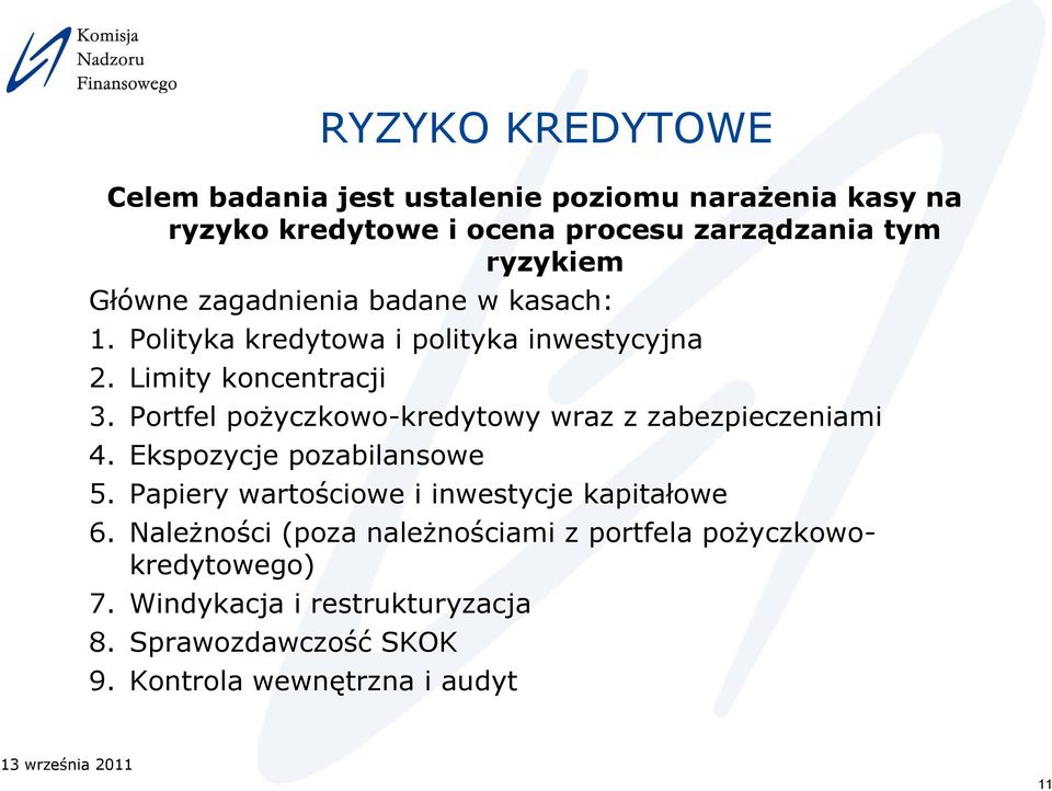 Portfel pożyczkowo-kredytowy wraz z zabezpieczeniami 4. Ekspozycje pozabilansowe 5. Papiery wartościowe i inwestycje kapitałowe 6.