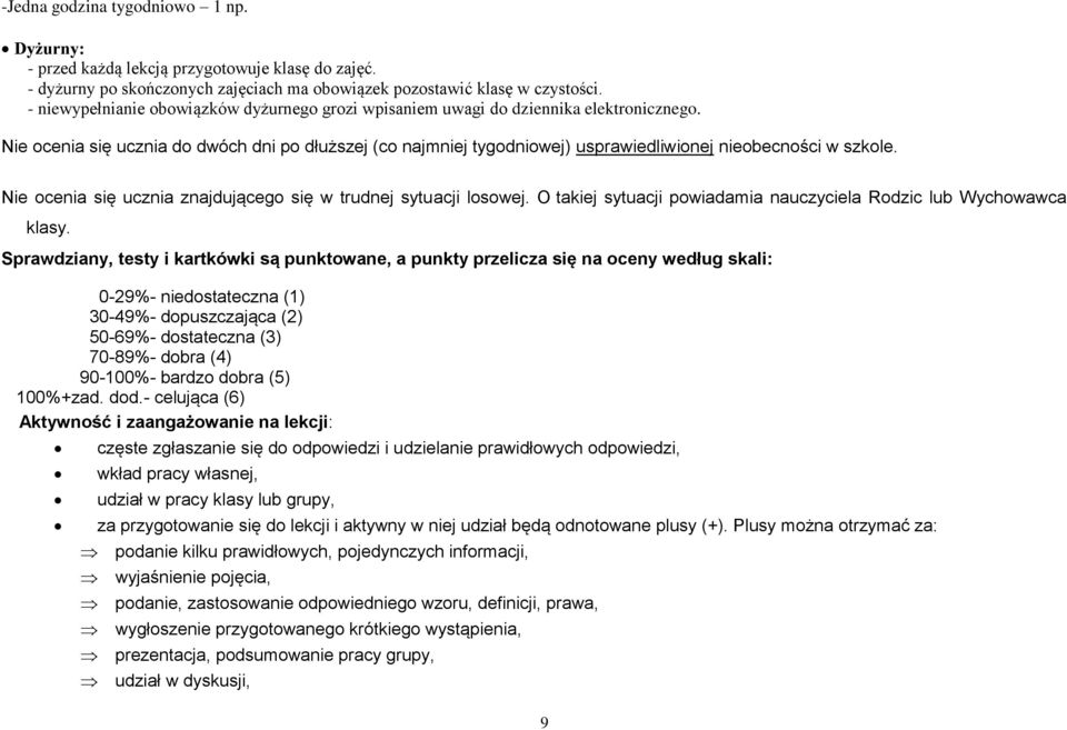 Nie ocenia się ucznia do dwóch dni po dłuższej (co najmniej tygodniowej) usprawiedliwionej nieobecności w szkole. Nie ocenia się ucznia znajdującego się w trudnej sytuacji losowej.