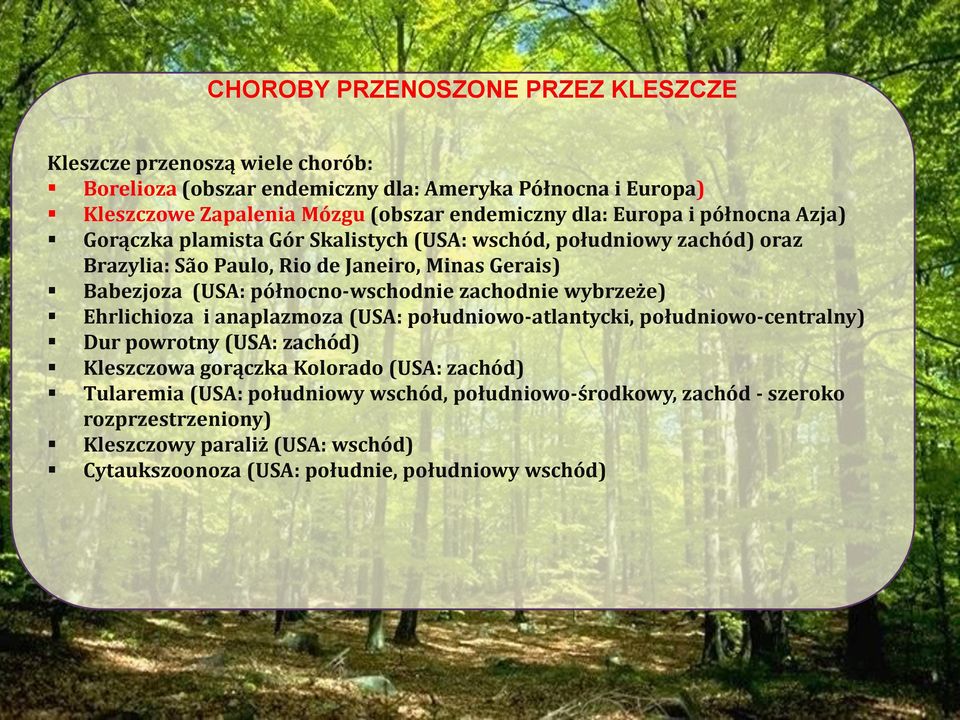 endemiczny dla: Europa i północna Azja) Gorączka plamista Gór Skalistych (USA: wschód, południowy zachód) oraz Brazylia: São Paulo, Rio de Janeiro, Minas Gerais) Babezjoza (USA: