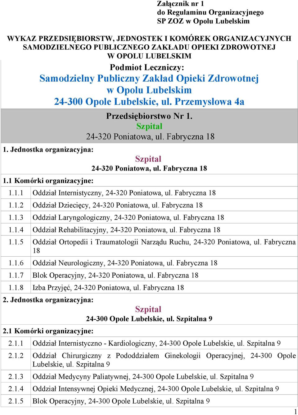 1.3 Oddział Laryngologiczny, 1.1.4 Oddział Rehabilitacyjny, 1.1.5 Oddział Ortopedii i Traumatologii Narządu Ruchu, 24-320 Poniatowa, ul. Fabryczna 18 1.1.6 Oddział Neurologiczny, 1.1.7 Blok Operacyjny, 1.